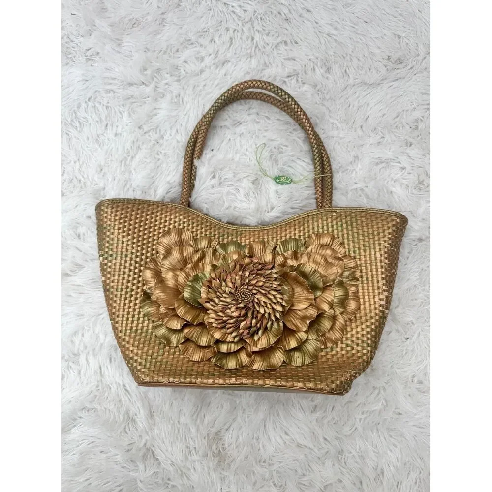 Cabouchon Woven Metallic Gold Leather Tote with Oversized Flower Applique